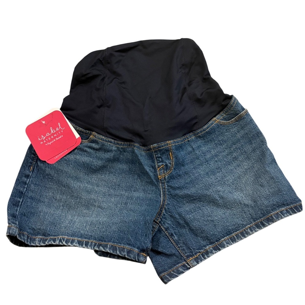 Isabel Maternity Denim Shorts Dark Blue Wash Full Belly Panel‎ Midi Short Size 4
